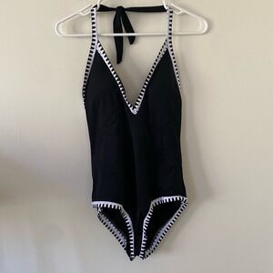 Deep V Neck Halter Style Swimsuit Black Size S